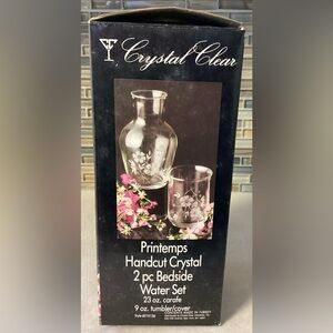 VTG “Crystal Clear” Glass Tumble Up Bedside Carafe & Glass Etched Flowers Set